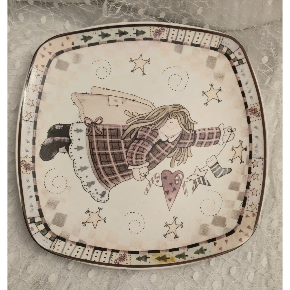 LTD Commodities Christmas 12" Square Ceramic Cake Plate Patchwork Folk Art Angel